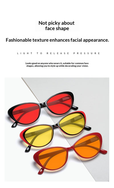Retro cat-eye sunglasses with bright black frames and yellow night vision lenses on a white background. - Image 21