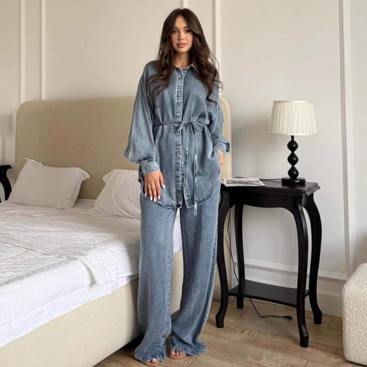 Chaqueta Denim Suelta con Cintura Anudada y Botones para Mujer - Image 10
