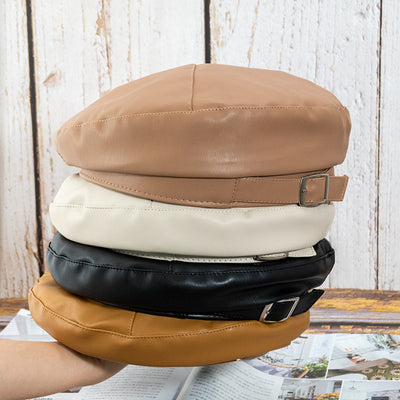 Boina Octagonal de Cuero PU con Hebilla Cuadrada - Estilo Retro Británico Clásico