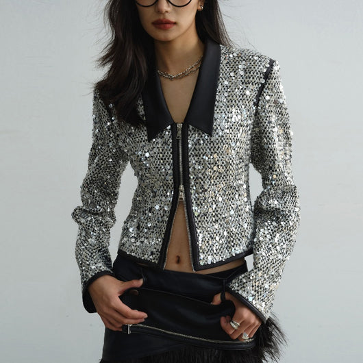 Chaqueta Corta Urbana Retro Moderna con Lentejuelas y Cuello Bajo - Image 10