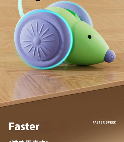 Green and purple electric mouse car cat toy with a glowing tail on a woven mat, designed for interactive play. - Image 18