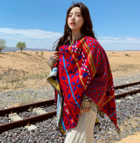 Bufanda con Capucha Protección Solar Estilo Chino Tejida Roja
