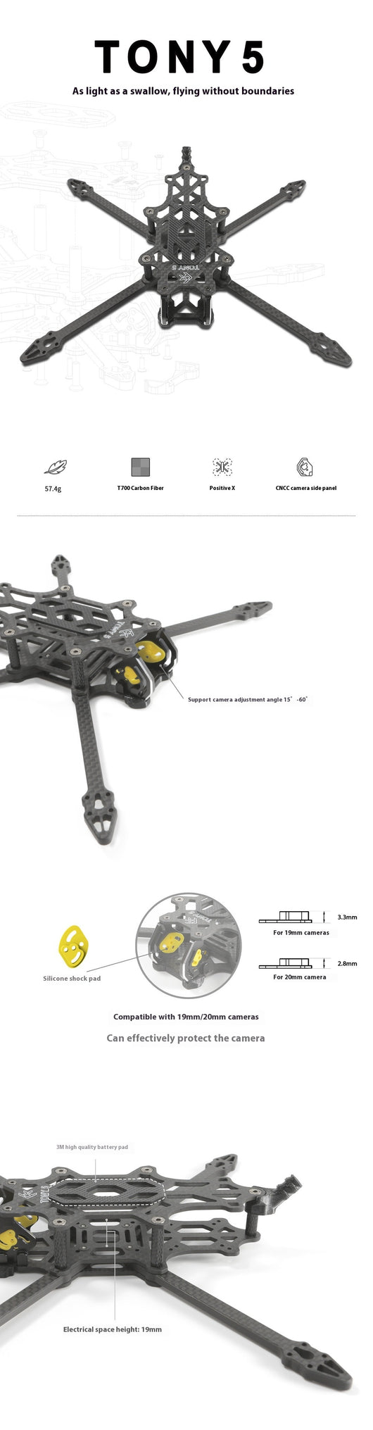 Marco FPV Freestyle Tony 5 Carbono Brazing Sub250 - Rendimiento Extremo - Image 10