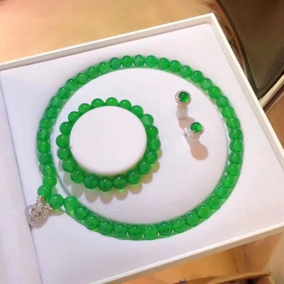 Conjunto de Pulsera, Collar y Aretes de Calcedonia Verde Emperador