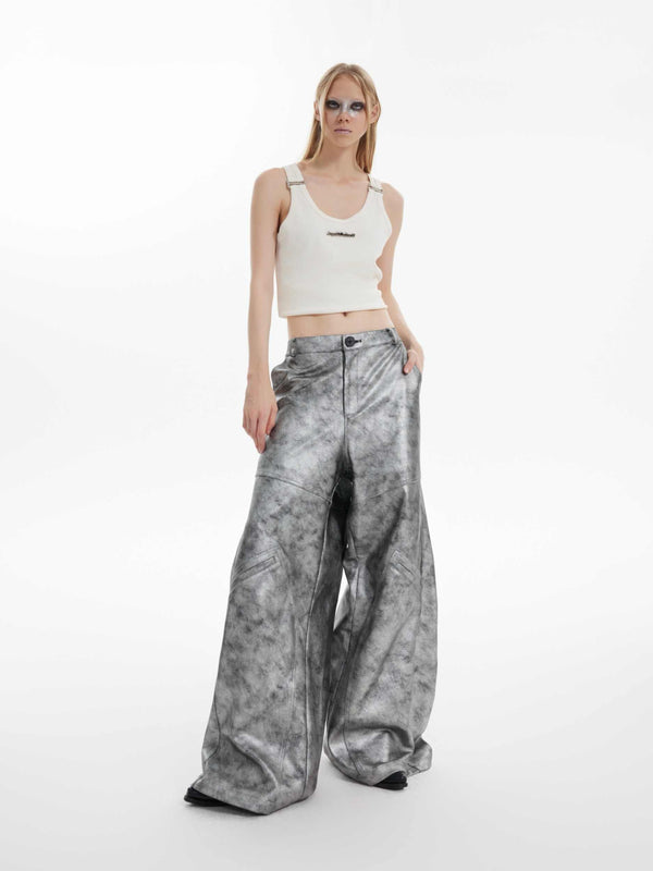 Pantalón Plata Holgado de Pierna Ancha - Casual Moderno