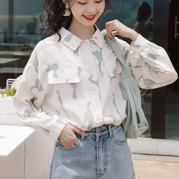 Blusa Vintage Flora de Hong Kong en Chifón con Manga Larga
