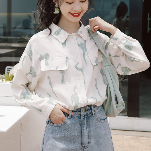 Blusa Vintage Flora de Hong Kong en Chifón con Manga Larga