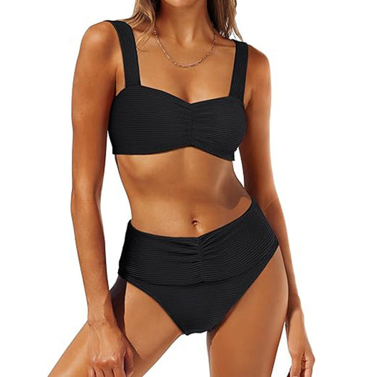 White pleated bikini with wide shoulder straps and high-waisted ruched bottom on a model. - Image 7