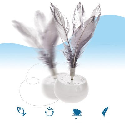 White pet tumbler cat toy with grey feathers on top and fish patterns on the spherical base. - Image 4