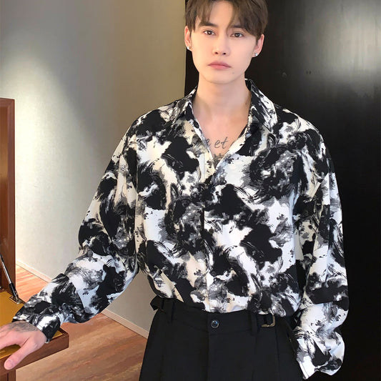 Camisa Suelta con Cuello Solapa y Estampado Tie-Dye en Tinta