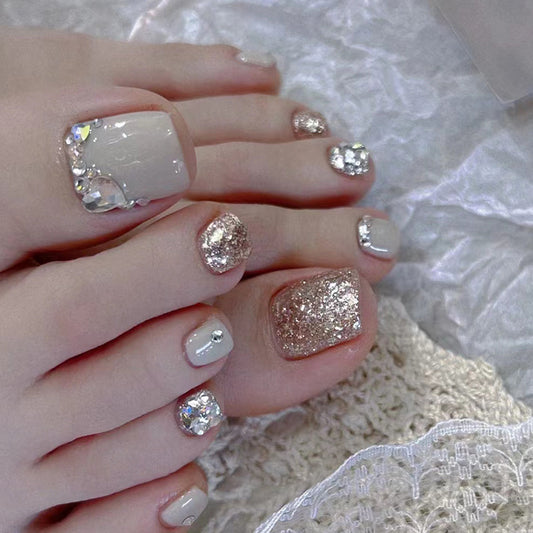 Uñas de Pie Brillantes con Diamantes Completos Champagne