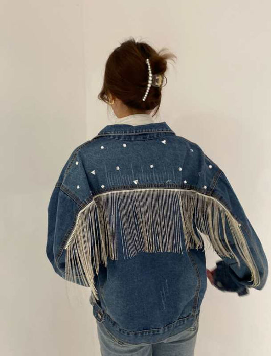 Chaqueta de Mezclilla para Mujer con Borlas de Diamantes - Image 10