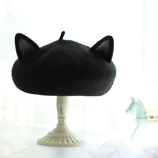 Boina de Fieltro de Lana con Orejas de Gato 3D