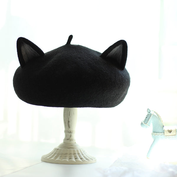 Boina de Fieltro de Lana con Orejas de Gato 3D