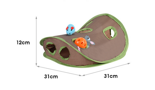 Brown and green cat play tunnel with nine holes, featuring a blue plush mouse and an orange ball with a bell. - Image 8
