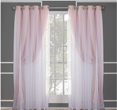 Dark blue double layer shading curtains with white sheer lace overlays, hung on a silver grommet rod. - Image 16