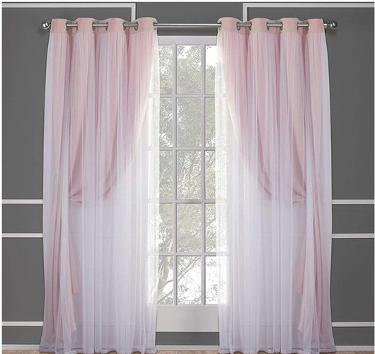 Dark blue double layer shading curtains with white sheer lace overlays, hung on a silver grommet rod. - Image 16