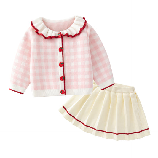 Conjunto de Cardigan y Falda Escocesa de Algodón para Niña 1-3 Años