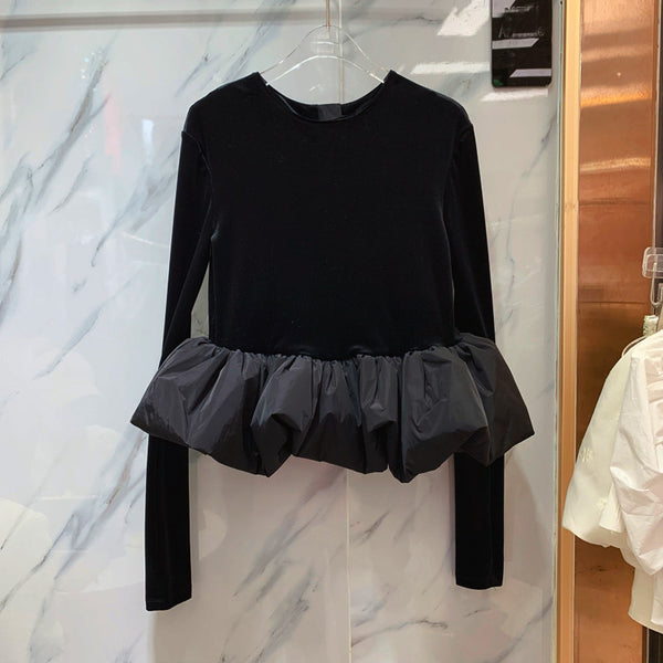 Playera Retro de Terciopelo con Hombreras y Cuello Burbuja para Mujer