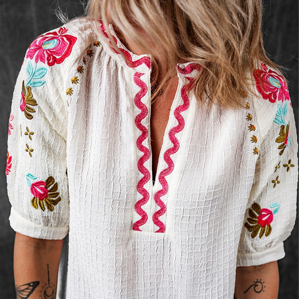 Blusa Casual Bordada en Chifón Multicolor - Estilo Primavera para Mujer