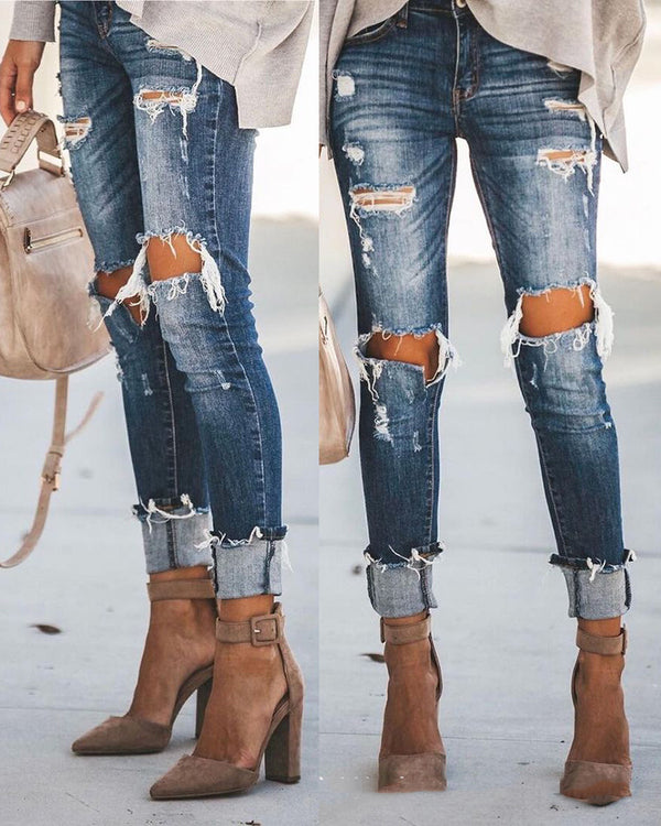 Jeans Talle Alto Ajustados con Roturas y Efecto Reductor
