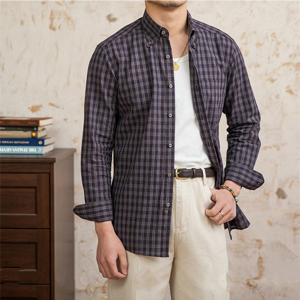 Camisa Vintage de Algodón y Lino a Cuadros de Manga Larga