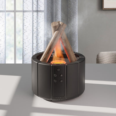 Dark gray simulated flame aromatherapy machine with a remote control, emitting a warm, flame-like light and mist. - Image 11