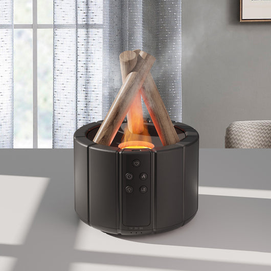 Dark gray simulated flame aromatherapy machine with a remote control, emitting a warm, flame-like light and mist. - Image 11