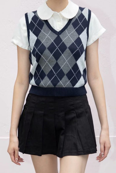 Chaleco Tejido Cuadros Diamante Estilo Preppy Retro Versátil - Image 8