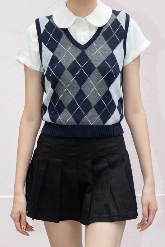 Chaleco Tejido Cuadros Diamante Estilo Preppy Retro Versátil - Image 8