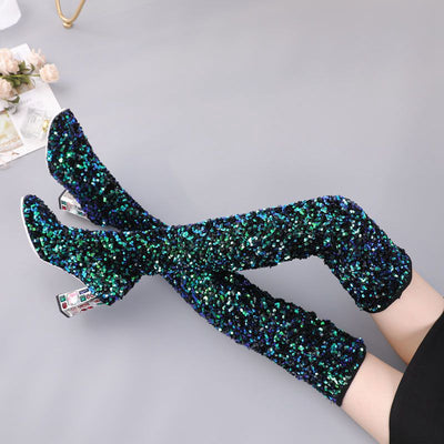 Botas Altas Elásticas con Tacón Grueso y Lentejuelas Bicolor para Mujer Talla Grande - Image 11