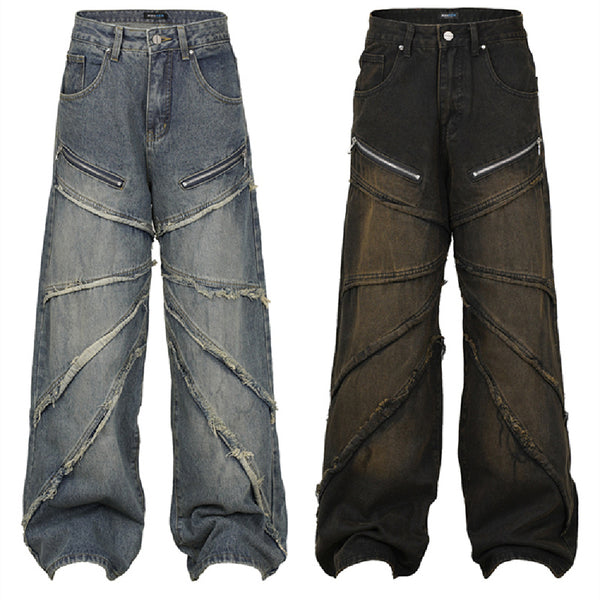 Jeans Rectos con Costuras Deconstruidas y Borde Plisado