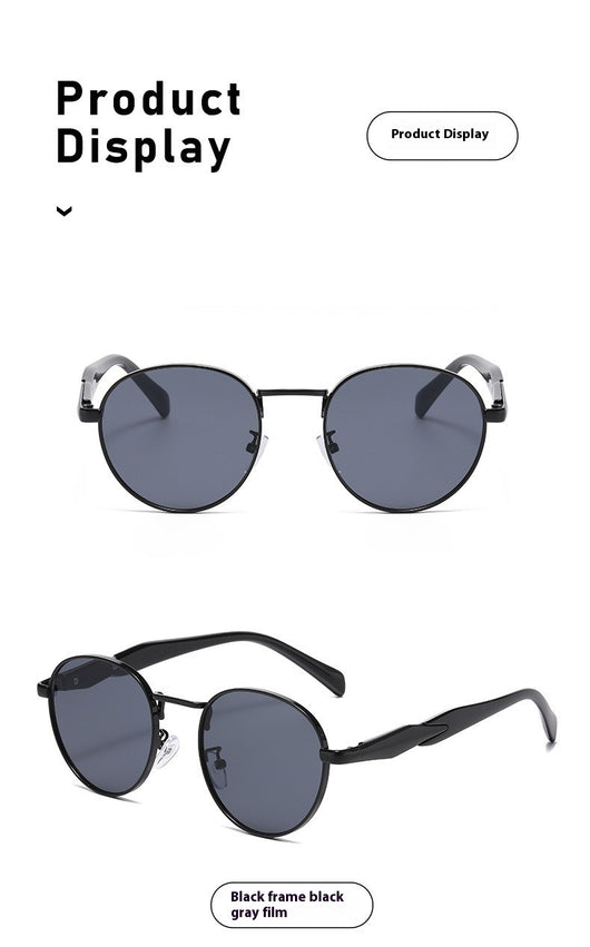 Silver metal round frame sunglasses with dark grey lenses and black temples, offering UV protection for women. - Image 20