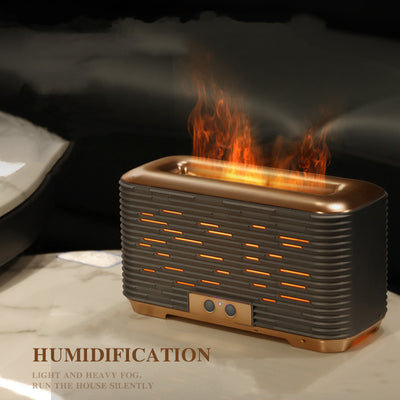 Rose gold and grey flame aroma diffuser and humidifier with horizontal slats and yellow LED lights. - Image 15