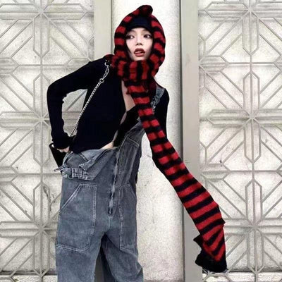 Bufanda Larga Térmica Punk Y2K Rayas Negro y Rojo - Lana Tejida Extra Larga - Image 16