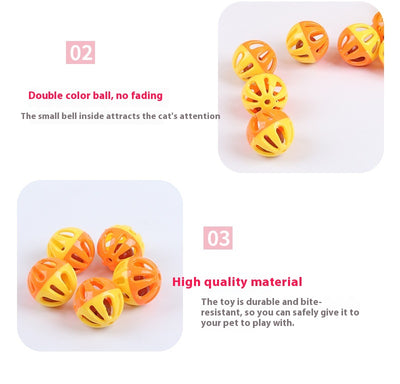 Five colorful plastic pet bell balls in red, yellow/orange, lime green, and hot pink, with hollow designs. - Image 12