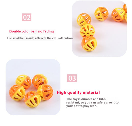Five colorful plastic pet bell balls in red, yellow/orange, lime green, and hot pink, with hollow designs. - Image 12
