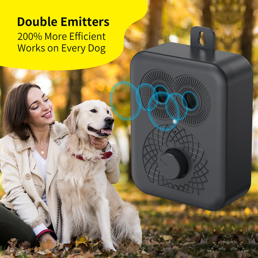 Black rechargeable anti-dog barking device with two speaker grilles, a white indicator light, and a numbered rotary dial. - Image 7