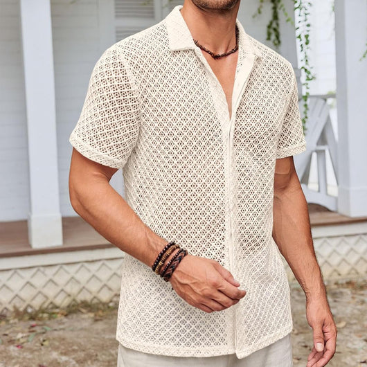 Camisa Casual de Malla Ligera para Hombre - Diseño Liso con Solapa - Image 3
