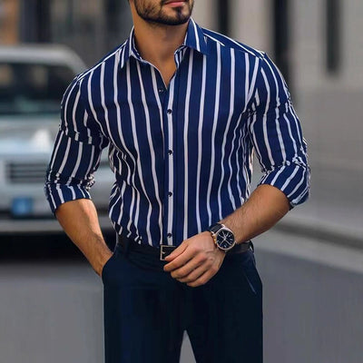 Camisa Casual de Manga Larga con Estampado a Rayas y Elasticidad Cuádruple para Hombre - Image 11
