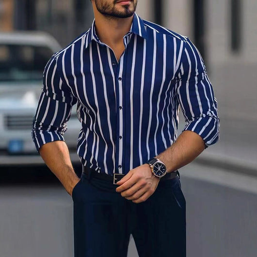 Camisa Casual de Manga Larga con Estampado a Rayas y Elasticidad Cuádruple para Hombre - Image 11