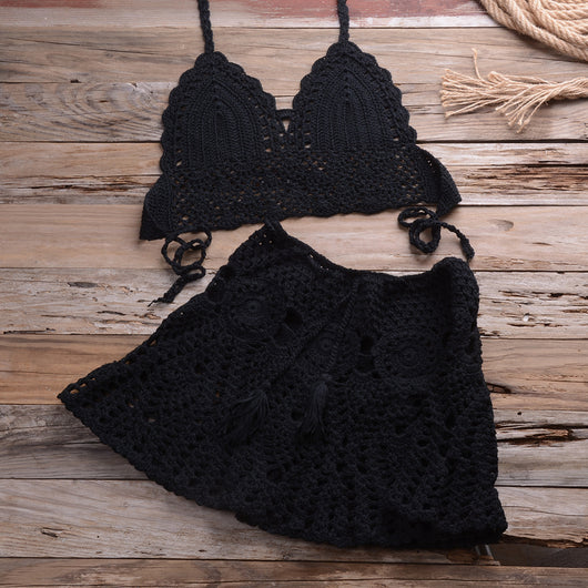 Light beige crochet bikini set with a halter crop top and a matching open-knit mini skirt with tassels. - Image 39
