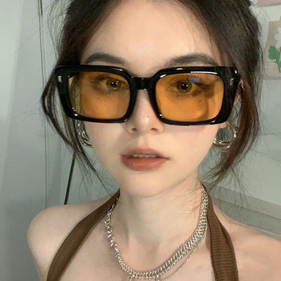 Women's retro hip hop fashion sunglasses with bright black frames, dark gray rectangular lenses, and gold accents. - Image 13