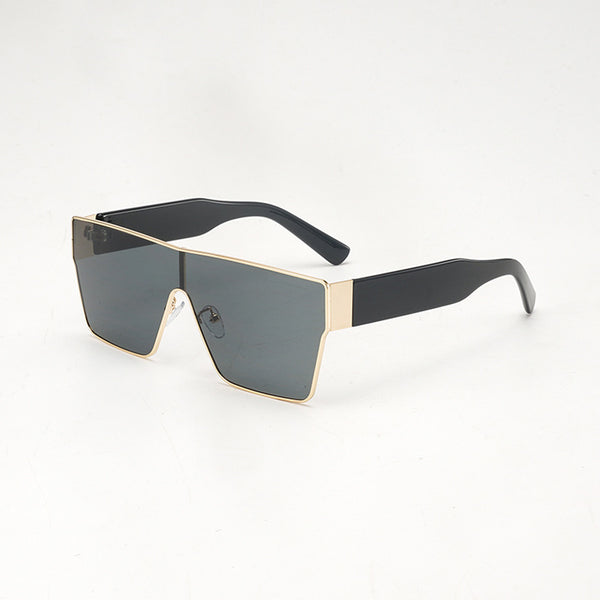 Oversized square sunglasses with a gold metal frame, dark gray lenses, and black plastic temples. - Image 6