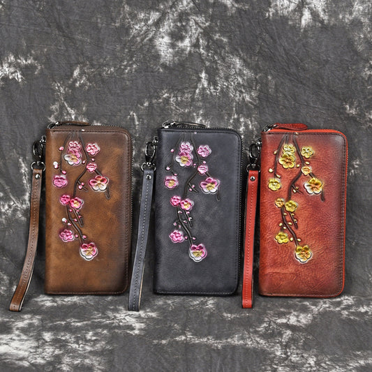 Billetera de Cuero Grabado con Múltiples Compartimentos para Tarjetas - Bolso de Mano para Mujer
