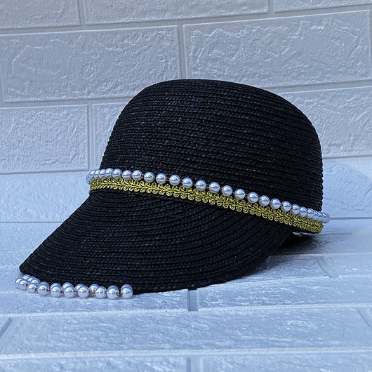 Sombrero de Paja Negro con Cadena de Perlas Artesanal - Image 11