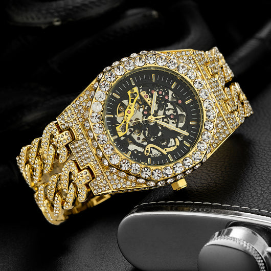 Reloj Automático Hip Hop con Cadena Cubana de Diamantes Completos y Eslabón Hueco - Image 10