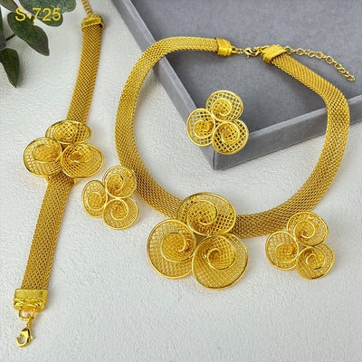 Gold-colored four-piece jewelry set with mesh texture: necklace, drop earrings, bracelet, and ring, all with knot design. - Image 17