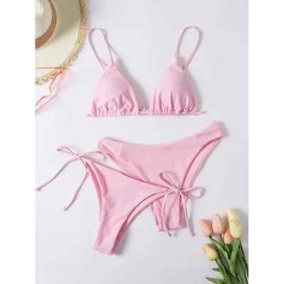 Lavender three-piece bikini set with a triangle top, tie-side bottom, and high-cut bottom, displayed with a straw hat and purple sunglasses. - Image 30