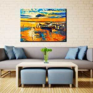 Cuadro Óleo Pintado a Mano - Decoración Barco en Muelle, Tonos Naranja y Azul - Image 2